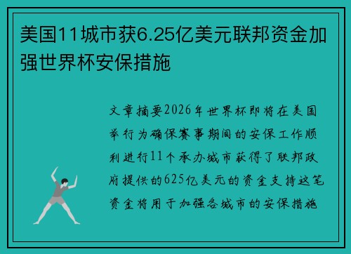 美国11城市获6.25亿美元联邦资金加强世界杯安保措施 美国11城市获6.25亿美元联邦资金加强世界杯安保措施