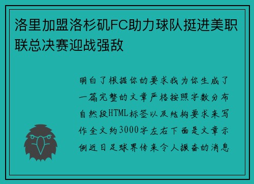 洛里加盟洛杉矶FC助力球队挺进美职联总决赛迎战强敌